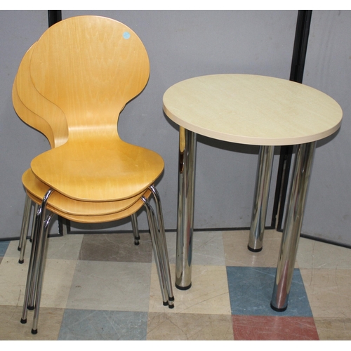 133 - CHROME BASED, WOODGRAIN TOP TABLE AND 3 CHAIRS