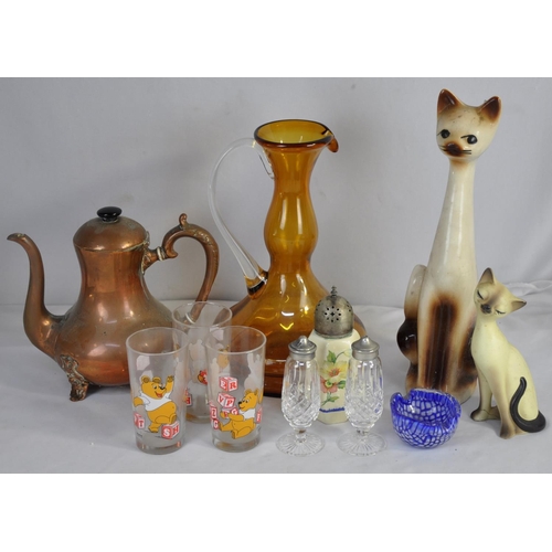 137 - 2 CHINA CATS, AMBER COLOUR GLASS EWER, 3 GLASS TEDDY TUMBLERS, PAIR GLASS SALT & PEPPER CONDIMEN... 