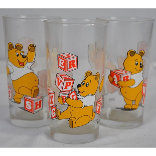 137 - 2 CHINA CATS, AMBER COLOUR GLASS EWER, 3 GLASS TEDDY TUMBLERS, PAIR GLASS SALT & PEPPER CONDIMEN... 