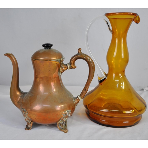 137 - 2 CHINA CATS, AMBER COLOUR GLASS EWER, 3 GLASS TEDDY TUMBLERS, PAIR GLASS SALT & PEPPER CONDIMEN... 