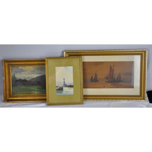 139 - FRAMED OIL ON BOARD OF FARM & 2 FRAMED WATERCOLOURS: LIGHTHOUSE & YACHTS IN THE DARK