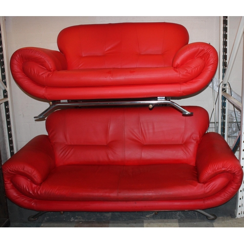 160 - 2 RED FAUX LEATHER SOFAS ON CHROME BASES - (SOME SCRATCHES)