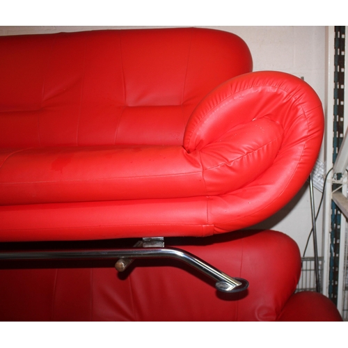 160 - 2 RED FAUX LEATHER SOFAS ON CHROME BASES - (SOME SCRATCHES)