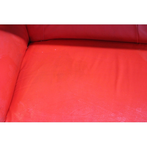 160 - 2 RED FAUX LEATHER SOFAS ON CHROME BASES - (SOME SCRATCHES)