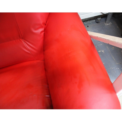 160 - 2 RED FAUX LEATHER SOFAS ON CHROME BASES - (SOME SCRATCHES)