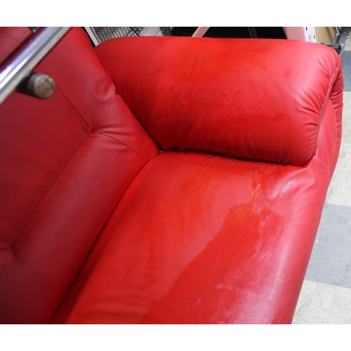 160 - 2 RED FAUX LEATHER SOFAS ON CHROME BASES - (SOME SCRATCHES)