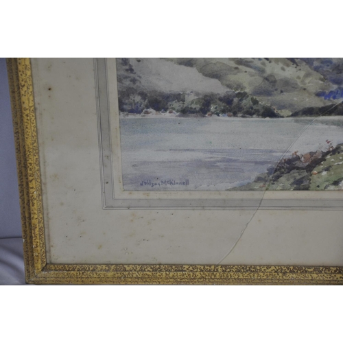 166 - 2 WATER COLOURS: WATER SCENE BY J WILSON MCKINNELL (FRAME SIZE 49 x 42cm)  - GLASS DAMAGED &... 