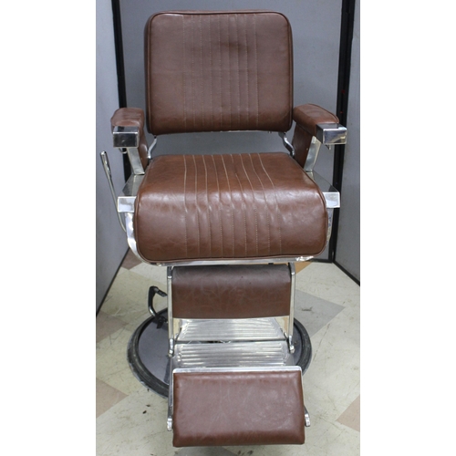 179 - BROWN UPHOLSTERED BARBER'S CHAIR - NO HEAD REST & RUBBER LOOSE ON BASE