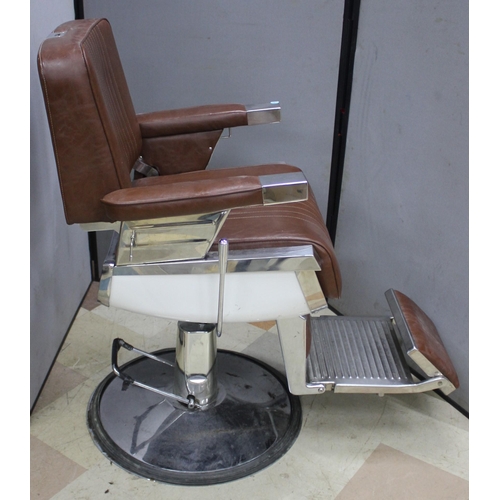 179 - BROWN UPHOLSTERED BARBER'S CHAIR - NO HEAD REST & RUBBER LOOSE ON BASE