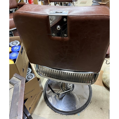 179 - BROWN UPHOLSTERED BARBER'S CHAIR - NO HEAD REST & RUBBER LOOSE ON BASE