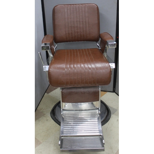 181 - BROWN UPHOLSTERED BARBER'S CHAIR - NO HEAD REST