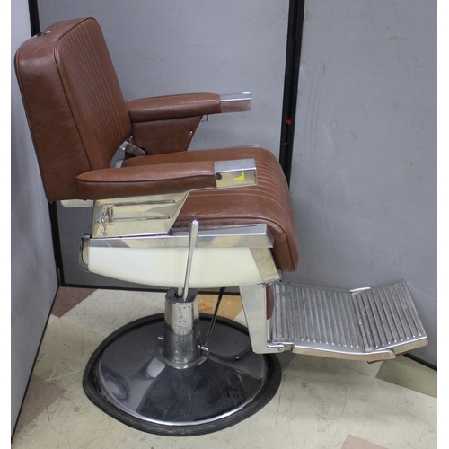 181 - BROWN UPHOLSTERED BARBER'S CHAIR - NO HEAD REST