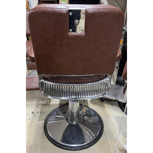 181 - BROWN UPHOLSTERED BARBER'S CHAIR - NO HEAD REST