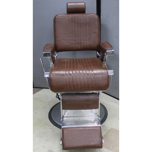 183 - BROWN UPHOLSTERED BARBER'S CHAIR - WITH HEAD REST (2 SPLITS IN HEAD REST)