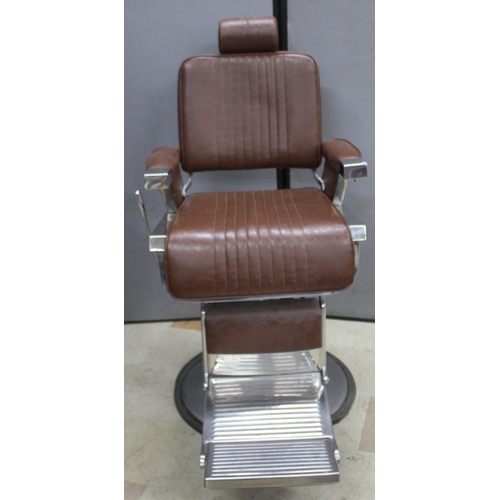 184 - BROWN UPHOLSTERED BARBER'S CHAIR - WITH HEAD REST (3 SPLITS IN HEAD REST)