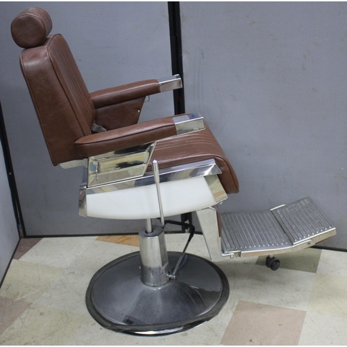 184 - BROWN UPHOLSTERED BARBER'S CHAIR - WITH HEAD REST (3 SPLITS IN HEAD REST)