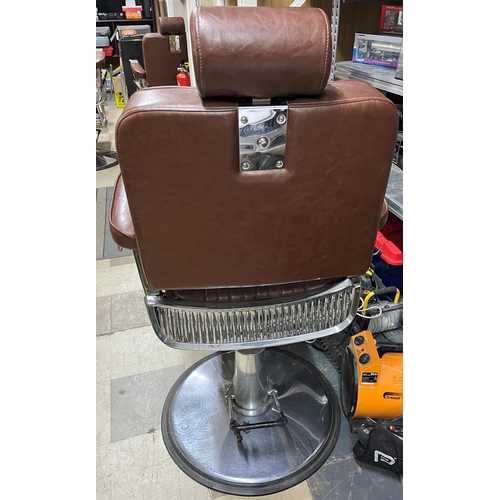 184 - BROWN UPHOLSTERED BARBER'S CHAIR - WITH HEAD REST (3 SPLITS IN HEAD REST)