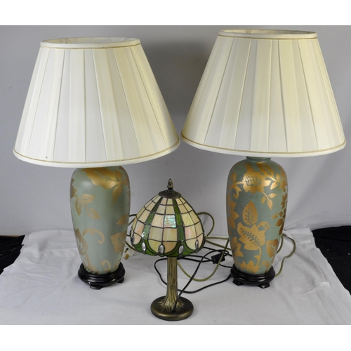 192 - PAIR GREEN/GOLD COLOURED TABLE LAMPS WITH SHADES & TIFFANY STYLE TABLE LAMP