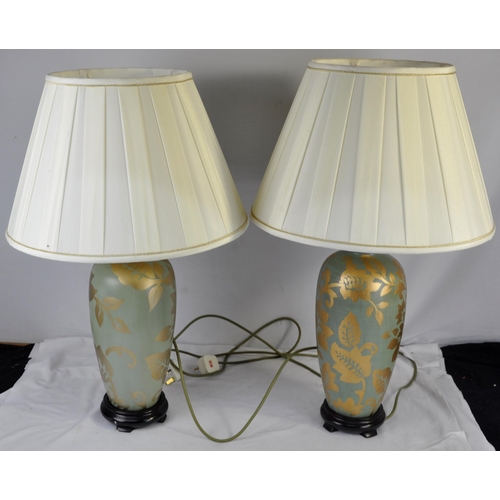 192 - PAIR GREEN/GOLD COLOURED TABLE LAMPS WITH SHADES & TIFFANY STYLE TABLE LAMP