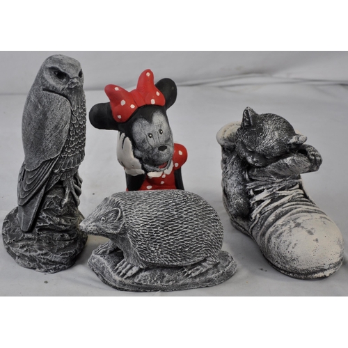 200 - 4 GARDEN ORNAMENTS - KITTEN SLEEPING IN BOOT, PERCHED HAWK, MINNIE MOUSE AND A HEDGEHOG