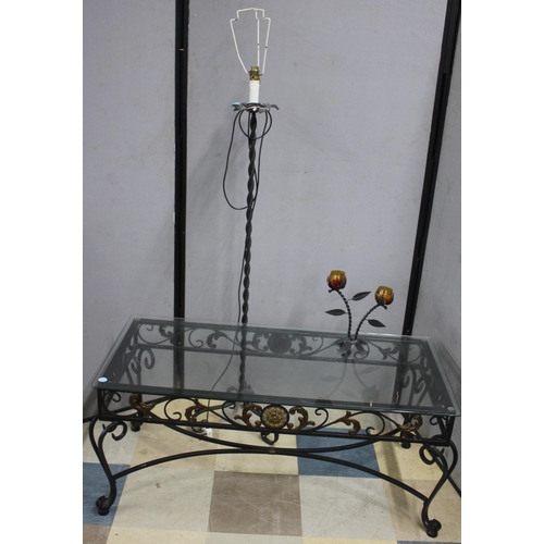 216 - WROUGHT IRON TABLE WITH GLASS TOP, WROUGHT IRON STANDARD LAMP AND WROUGHT IRON CANDLE HOLDER