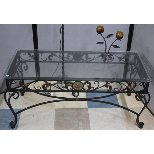 216 - WROUGHT IRON TABLE WITH GLASS TOP, WROUGHT IRON STANDARD LAMP AND WROUGHT IRON CANDLE HOLDER