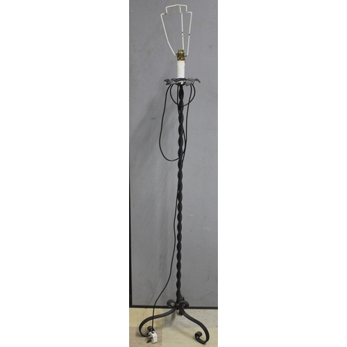 216 - WROUGHT IRON TABLE WITH GLASS TOP, WROUGHT IRON STANDARD LAMP AND WROUGHT IRON CANDLE HOLDER