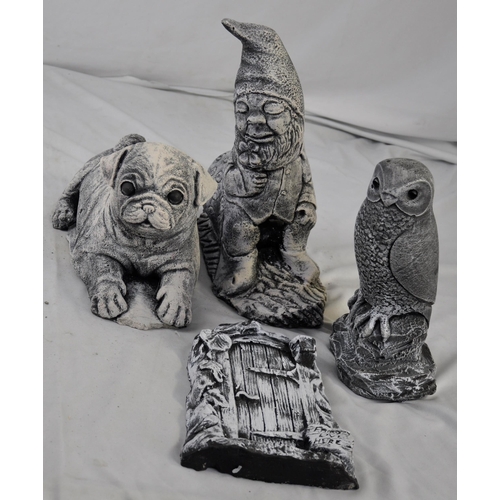 224 - 4 GARDEN ORNAMENTS - PUG, PERCHED OWL, GNOME AND FAIRY DOOR