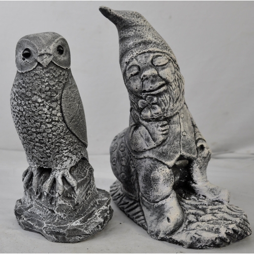 224 - 4 GARDEN ORNAMENTS - PUG, PERCHED OWL, GNOME AND FAIRY DOOR