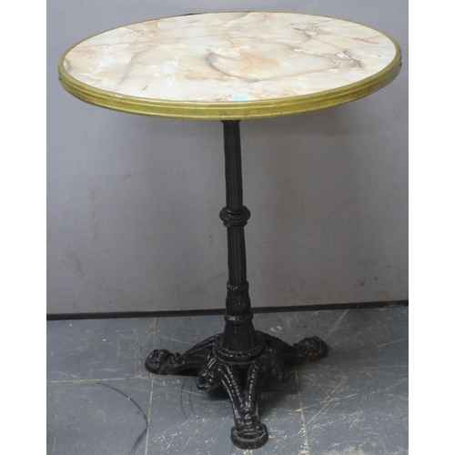 230 - IRON FRAMED TABLE WITH CIRCULAR TOP AND 2 BAMBOO EFFECT CHAIRS