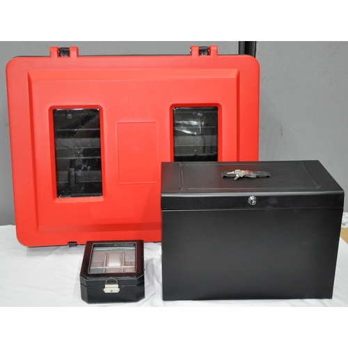 236 - RED AND BLACK PLASTIC STORAGE BOX (FOR FIRE EXTINGUISHERS), BLACK JEWELLERY BOX (WITH KEYS) AND BLAC... 