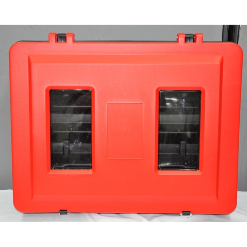 236 - RED AND BLACK PLASTIC STORAGE BOX (FOR FIRE EXTINGUISHERS), BLACK JEWELLERY BOX (WITH KEYS) AND BLAC... 