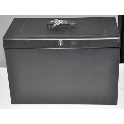 236 - RED AND BLACK PLASTIC STORAGE BOX (FOR FIRE EXTINGUISHERS), BLACK JEWELLERY BOX (WITH KEYS) AND BLAC... 