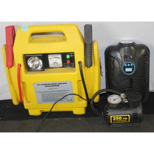 252 - 3 IN 1 RECHARGABLE PORTABLE JUMPSTART & 2 x 12v AIR COMPRESSORS