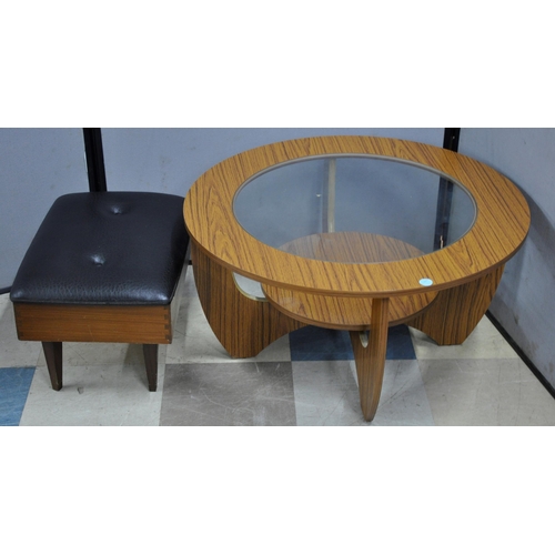 199 - CIRCULAR TOP COFFEE TABLE WITH GLASS INSERT AND MID CENTURY SEWING STOOL