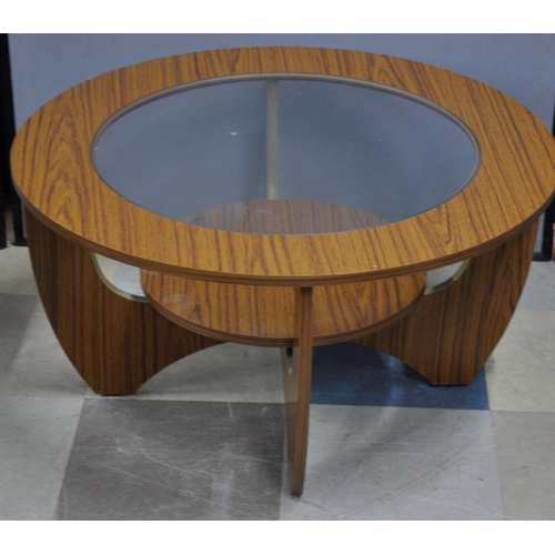 199 - CIRCULAR TOP COFFEE TABLE WITH GLASS INSERT AND MID CENTURY SEWING STOOL