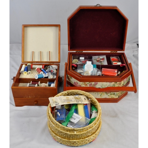 209 - 2 SEWING BOXES, SEWING BASKET PLUS CONTENTS AND TOOL BOX PLUS TOOLS