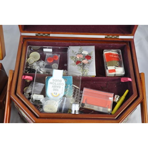 209 - 2 SEWING BOXES, SEWING BASKET PLUS CONTENTS AND TOOL BOX PLUS TOOLS