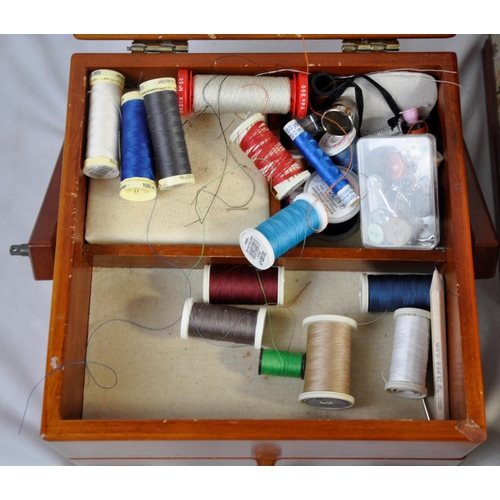 209 - 2 SEWING BOXES, SEWING BASKET PLUS CONTENTS AND TOOL BOX PLUS TOOLS