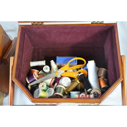 209 - 2 SEWING BOXES, SEWING BASKET PLUS CONTENTS AND TOOL BOX PLUS TOOLS