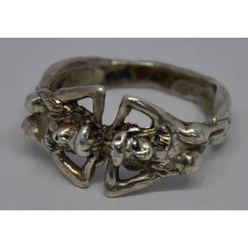 291 - 2 RINGS MARKED 325 - 1 DEPICTING 2 LADIES, 1 WITH BLUE QUARTZ TYPE STONES AND SILVER DOLPHIN RING (1... 