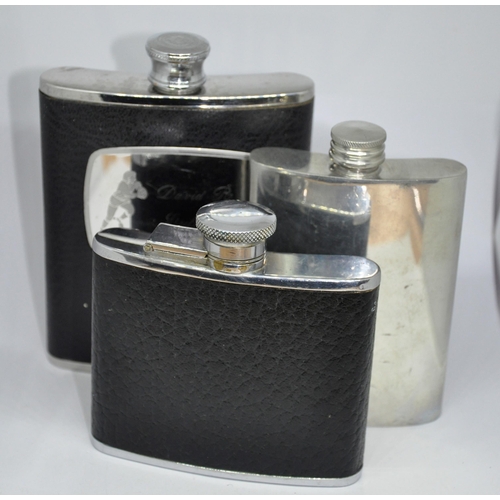 77 - 3 HIP FLASKS (2 LEATHER BOUND) - 1 ENGRAVED DAVID R GRIFFTHS