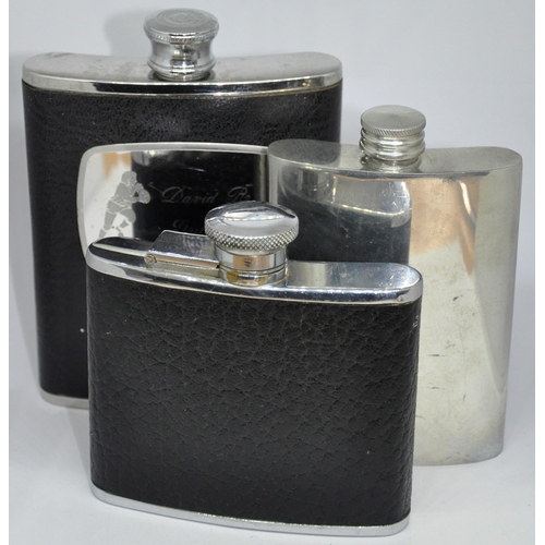 77 - 3 HIP FLASKS (2 LEATHER BOUND) - 1 ENGRAVED DAVID R GRIFFTHS