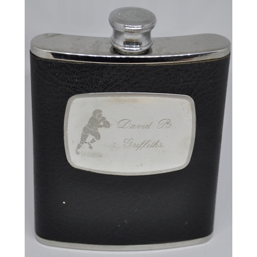 77 - 3 HIP FLASKS (2 LEATHER BOUND) - 1 ENGRAVED DAVID R GRIFFTHS