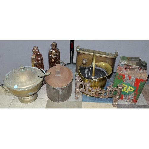 11 - MISCELLANEOUS - COAL SCUTTLE, CAST CASSEROLE DISH, FIRE FRONT, BP AND SHELL PETROL CANS ETC