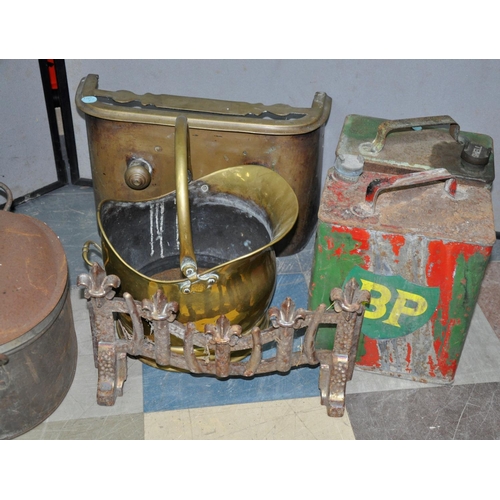 11 - MISCELLANEOUS - COAL SCUTTLE, CAST CASSEROLE DISH, FIRE FRONT, BP AND SHELL PETROL CANS ETC