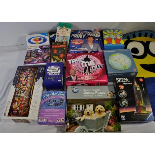 32 - BOX OF BOARD GAMES AND MISCELLANEOUS: MINION RUG, DISNEY'S PLAY THAT TUNE, TIPPING POINT, TAKE ME OU... 