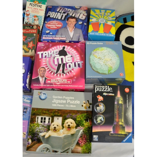 32 - BOX OF BOARD GAMES AND MISCELLANEOUS: MINION RUG, DISNEY'S PLAY THAT TUNE, TIPPING POINT, TAKE ME OU... 