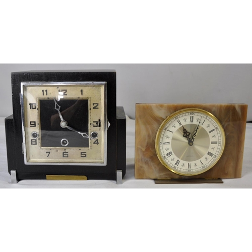 123 - 2 CLOCKS: WESTCLOX MARBLE EFFECT BATTERY CLOCK (BATTERY COVER MISSING) & BLACK CASE MANTLE CLOCK... 