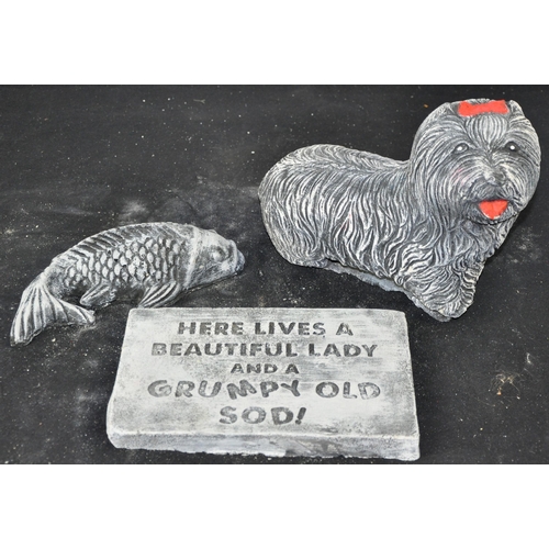 200 - 3 GARDEN ORNAMENTS - FISH, DOG AND PLAQUE 